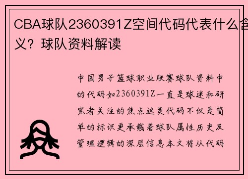 CBA球队2360391Z空间代码代表什么含义？球队资料解读