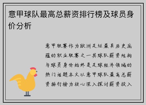 意甲球队最高总薪资排行榜及球员身价分析