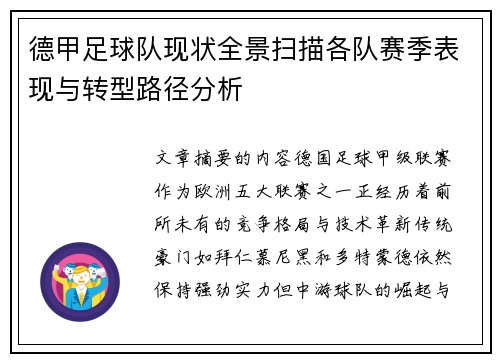 德甲足球队现状全景扫描各队赛季表现与转型路径分析